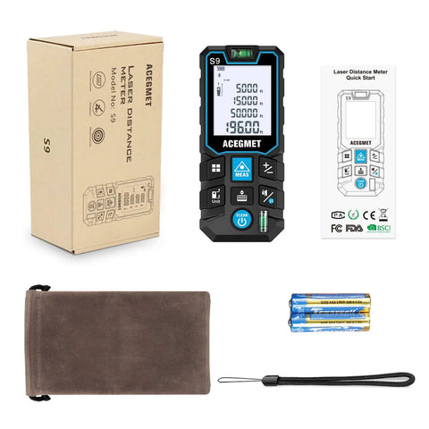 Pro Grade Laser Measure With App Connectivity, 229ft Range 70m, LCD Backlit Display, IP54 Waterproof with accessories and packaging