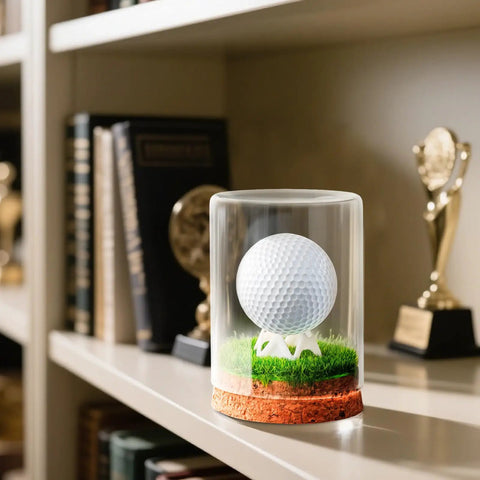Hole In One Golf Ball Display Case with crystal clear glass stand, premium cork base, lifelike turf, and plastic tee on shelf