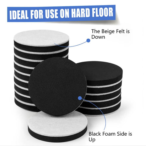 Stack of 16-piece felt furniture sliders for hardwood floors, 3-1/4 inch glide pads with black foam tops, beige felt bottoms for easy movement and protection.