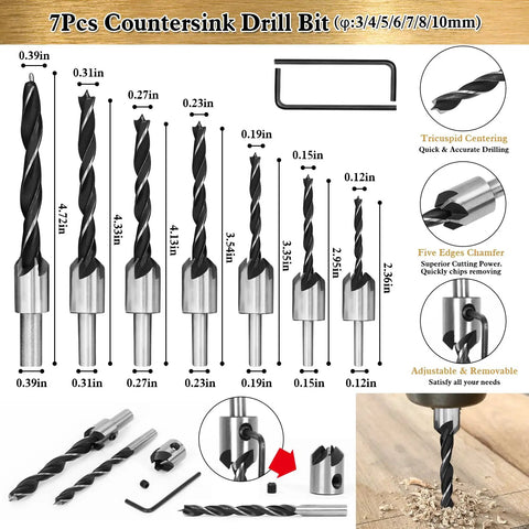 Topshelf 39 Piece Countersink Drill Bit And Wood Plug Cutter Set With Deburring Tool, 7 piece countersink drill bits with various sizes.