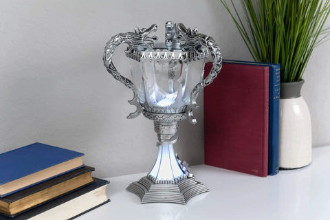 Triwizard Cup Replica Mood Light LED Lamp Battery Powered 13 Inch Tall Silver Decor For Wizarding World Fans on shelf