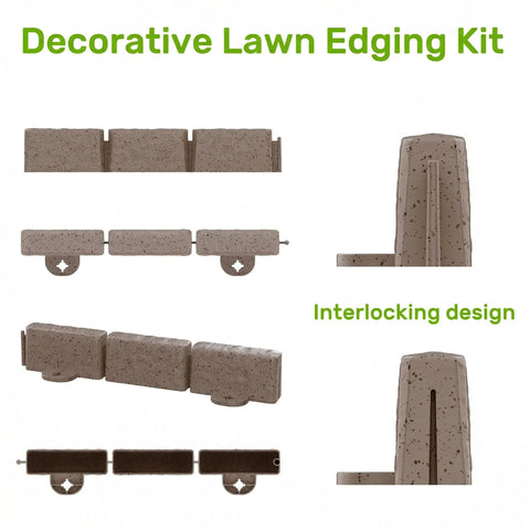 No Dig Garden Edging Kit 16 Feet With Interlocking Sections 2.75 Inch Height showing stone-like design and interlocking feature