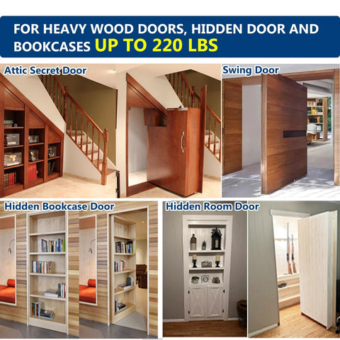 Images showing heavy-duty pivot hinge applications in attic secret doors, swing doors, and hidden bookcase doors.