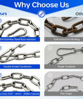 Heavy Duty Two Pack Stainless Steel Gate Chain Lock Built Tough As Nails With Rust Resistant Carabiners For Secure Farm Yard Perimeter Control And Livestock Gate Safety comparison image showing stainless steel chain and carabiners.