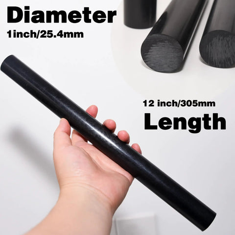 Three Pack Round Acetal Copolymer Rods 1 Inch Diameter 12 Inch Length Black For DIY Projects Non Marring Fixtures Electrical Insulation And Mechanical Projects POM C Rods With Low Friction And High Dimensional Stability. black rod 1 inch diameter, 12 inch length held in hand