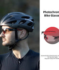 Man wearing Photochromic Cycling Sunglasses For Men And Women, Frameless Bike Glasses With UV Protection, Black Red, Regular Fit, Sports Goggles For Day And Night Riding, showcasing photochromic technology.