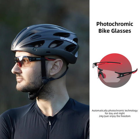 Man wearing Photochromic Cycling Sunglasses For Men And Women, Frameless Bike Glasses With UV Protection, Black Red, Regular Fit, Sports Goggles For Day And Night Riding, showcasing photochromic technology.