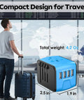 All In One Worldwide Travel Power Adapter With Four USB Ports And AC Outlet pocket-sized shown with suitcase at airport