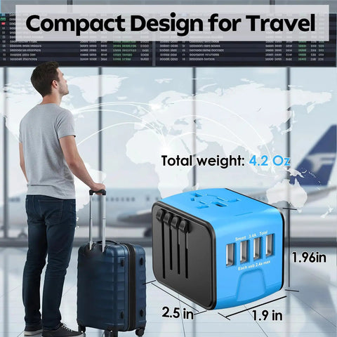 All In One Worldwide Travel Power Adapter With Four USB Ports And AC Outlet pocket-sized shown with suitcase at airport