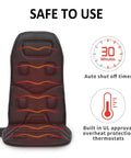Vibration Back Massager Seat Cushion With Heat 10 Motor Chair Pad showcasing safety features and auto shut-off timer