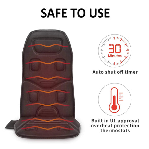 Vibration Back Massager Seat Cushion With Heat 10 Motor Chair Pad showcasing safety features and auto shut-off timer