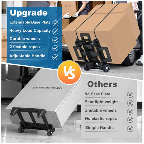 Comparison of upgraded folding hand truck dolly with wheels vs others, highlighting expandable baseplate and durable construction features.