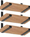 Three matte black floating shelf brackets with thick wooden shelves, perfect for kitchen garage or home office DIY storage.