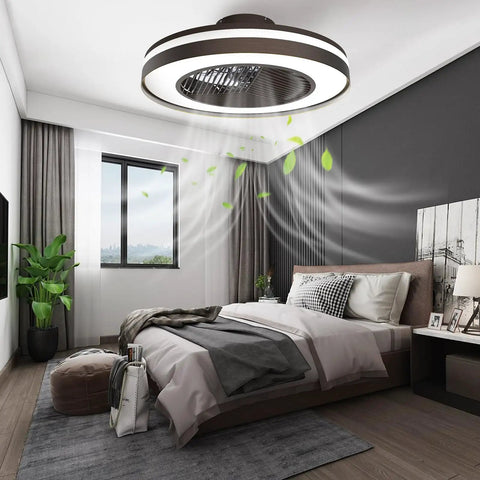 Smart Ceiling Fan With Lights Remote Control Dimmable LED Lighting 20 Inch Enclosed Bladeless Fan Semi Flush Mount in bedroom
