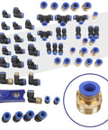 Top Notch 53 Piece Pneumatic Fitting Bundle With Quick Connect Push To Air Hose Links In 1/4 3/8 And 1/2 Inch Sizes Featuring Sturdy Zinc Alloy Elbows Tees And Straight Adapters For Heavy Duty Industrial Plumbing Jobs That Need Zero Leaks And Serious, assorted push-to-connect fittings laid out on white