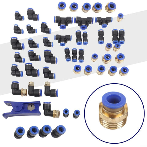 Top Notch 53 Piece Pneumatic Fitting Bundle With Quick Connect Push To Air Hose Links In 1/4 3/8 And 1/2 Inch Sizes Featuring Sturdy Zinc Alloy Elbows Tees And Straight Adapters For Heavy Duty Industrial Plumbing Jobs That Need Zero Leaks And Serious, assorted push-to-connect fittings laid out on white