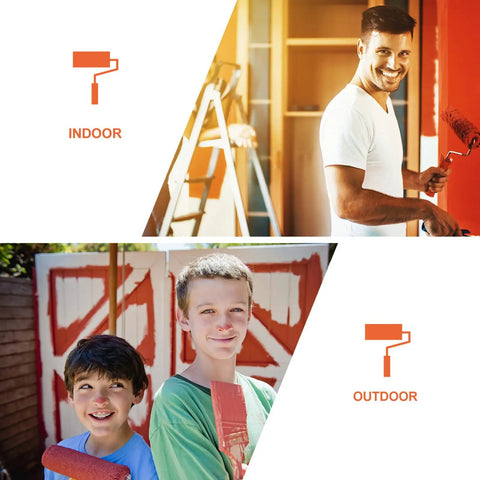 No Sweat Pro Level Mini Paint Roller Brush Kit For Detail Trimming Door Frames Baseboards And Walls Super Smooth Finish Easy Grip Design used by a man indoors and two boys outdoors.