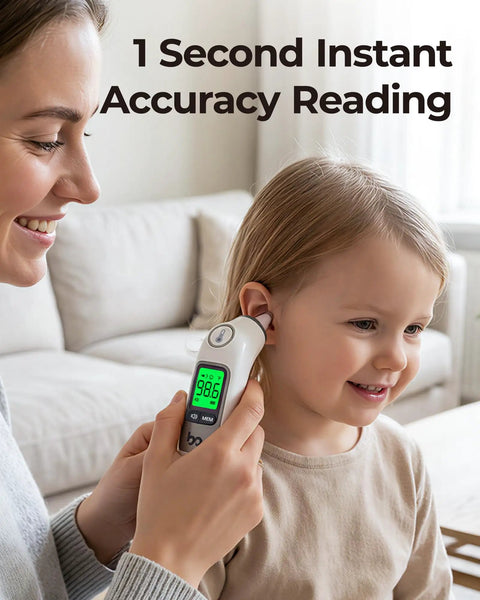 Infrared Ear Thermometer For Adults And Kids With Quick 1 Second Readings Backlit Display And 3 Color Fever Alarm Includes Storage Case For Safe Accurate Home Temperature Checks on child ear