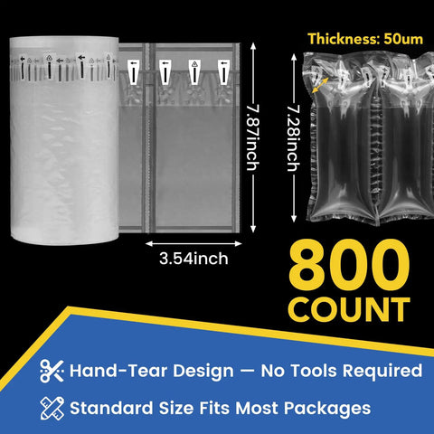 Bulk 800 Pack Air Pillows With Pump For Shipping And Moving Pro Grade Inflatable Packing Bags As Peanut Alternative Durable Packing Material Storage Gift Wrapping Easy Inflate Three Point Five Four By Seven Point Eight Seven Inch shown with dimensions and thickness.