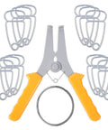 14 Piece Miter Spring Pliers Kit With 1 Miter Spring Pliers 12 Miter Clamps And 1 Storage Ring shown with yellow handles