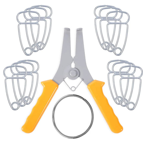 14 Piece Miter Spring Pliers Kit With 1 Miter Spring Pliers 12 Miter Clamps And 1 Storage Ring shown with yellow handles