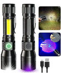 2-pack 3 In 1 Rechargeable UV Flashlight With Magnetic LED, high lumen tactical flashlight, 7 mode emergency light, USB cable included