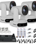 Slick Three Camera Streaming Kit Featuring Dang Good 4K Optical Zoom For Heavy Duty Livestreaming And Video Conferencing Plus Superjoy Control Joystick Mount And White Brackets, includes two cameras and control equipment.