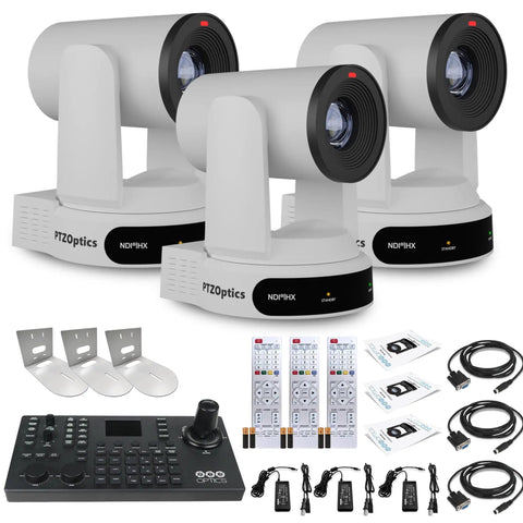 Slick Three Camera Streaming Kit Featuring Dang Good 4K Optical Zoom For Heavy Duty Livestreaming And Video Conferencing Plus Superjoy Control Joystick Mount And White Brackets, includes two cameras and control equipment.