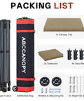 Packing list for Boss Level 8X8 Pop Up Canopy Tent With Two Full Sidewalls including frame, top, sides, and accessories.