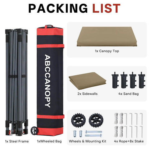 Packing list for Boss Level 8X8 Pop Up Canopy Tent With Two Full Sidewalls including frame, top, sides, and accessories.