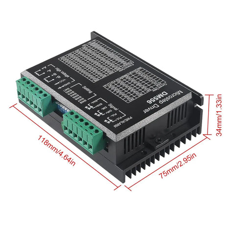 Four Pack CNC Digital Stepper Driver DM556 Controller For NEMA 23 24 34 Motors, with size dimensions labeled, black casing