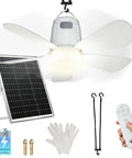 20 Inch Solar Ceiling Fan With 20000 Mah Battery And 30 Watt Panel Keeps Your Crew Chill On Hot Days Remote Control Dimmable Lights for outdoor use.