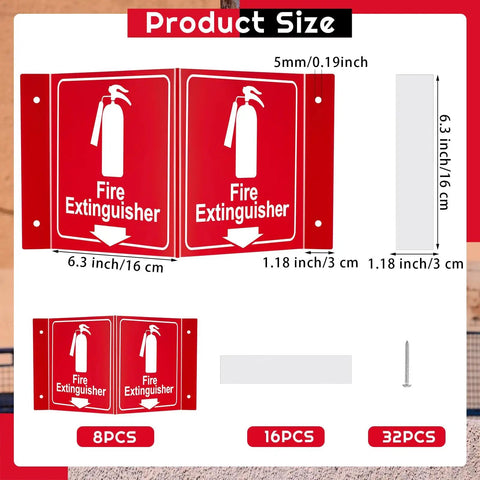8 Pack 3D Fire Extinguisher Signs With Down Arrow For Easy Emergency Guidance, Double Sided Acrylic V Sign, sizes and screws shown