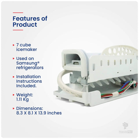 Replacement Ice Maker Assembly DA97-05422A for Samsung fridges with dimensions and weight, features easy install, durable design.