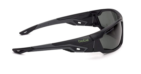 Side view of Shop Ready Wrap Around Safety Glasses Featuring Anti Scratch Lens Coating And Polarized Grey Tint For All Day Grind Universal Fit Grey Black Frame Cushioned Temples Secure Fit Bridge.