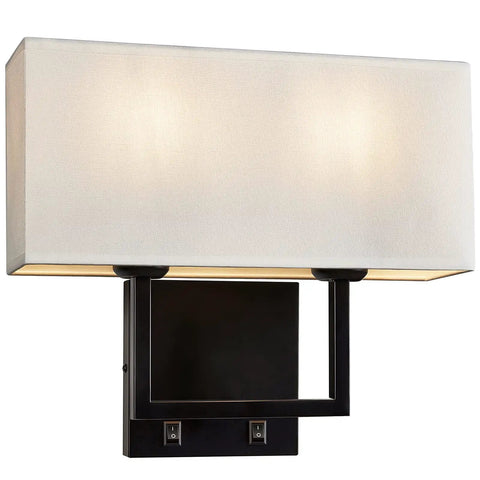 2 Light Wall Sconce With Switch, Modern Transitional Double Wall Mount Lamp With Square White Fabric Shade, Bedside Reading Light