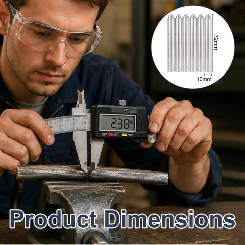 Person measuring Low Temperature Flux Core Welding Rods Kit dimensions, showing 72mm length, 10mm diameter, used for home repairs.