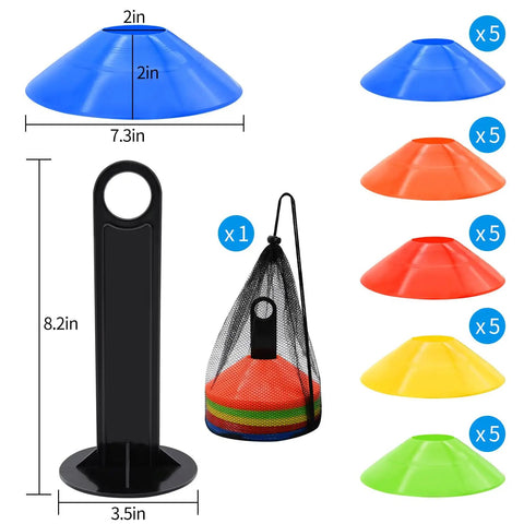 25 Pack Disc Cones With Carry Bag And Holder For Soccer Drills Boundaries Speed Training Obstacles And Targets In Five Vivid Colors
