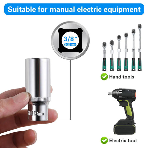 2-Piece 19mm Deep Sockets Set for Three Eighths Inch Drive 6-Point shown with manual electric equipment