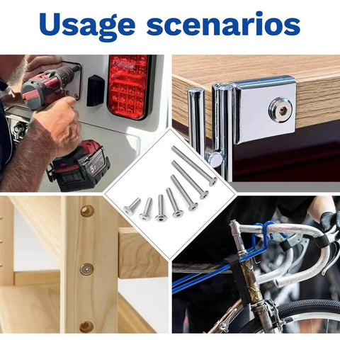 Usage scenarios for 30Pcs M5 x 12mm Flat Head Hex Socket Cap Screws Set 304 Stainless Steel with images of furniture and bicycle application.