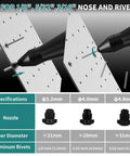 Edtran Brushless Cordless Electric Rivet Gun Compatible With Makita 18V Battery Pop Riveter Tool Kit showing three sizes of nozzles and rivets.