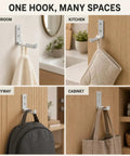 Legit Heavy Duty Folding Wall Hooks 4 Pack Silver Aluminum Alloy Flip Down Coat Rack displayed in bathroom, kitchen, entryway, and cabinet.
