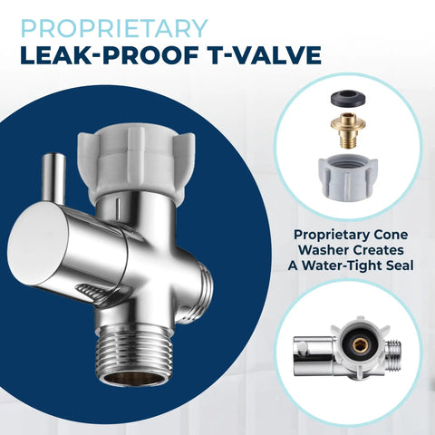 Close-up of leak-proof T valve for Built To Last Solid Metal Handheld Bidet Sprayer For Toilet, showing seal details and design.