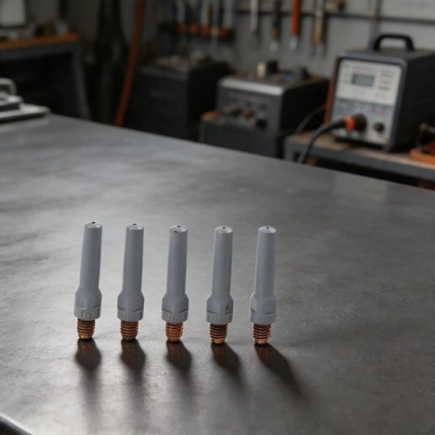 Five gray nonstick welding tips for 15AK torch set copper nozzles to slash slag buildup and boost weld precision 40x1mm