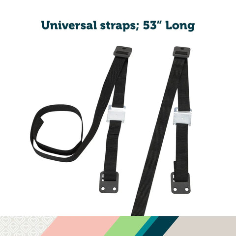 TV And Furniture Safety Straps 53 Inch Long Universal Mounting Straps For TVs To Wall Or Furniture 2 Pack With Screws Included Black Heavy Duty For Secure Four Configuration Setups, shown in black with hardware