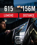 Man using FL85 615 Lumen Dual Color Pure Beam Focusing LED Headlamp with Twist Focus for night work on vehicle roof.