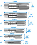 Six Piece NPT Pipe Tap Set For DIYers And Handy Pros Including One Inch, Three Quarters Inch, One Half Inch, Three Eighths Inch, One Quarter Inch, And One Eighth Inch Taps, Carbon Steel Hand Threading For Accurate Threads