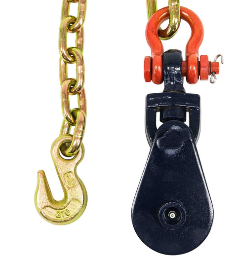 Two Ton Snatch Block With Chain For Tow Trucks And Wreckers 3 Inch Sheave Three Eighths Inch Wire Rope Grease Fittings