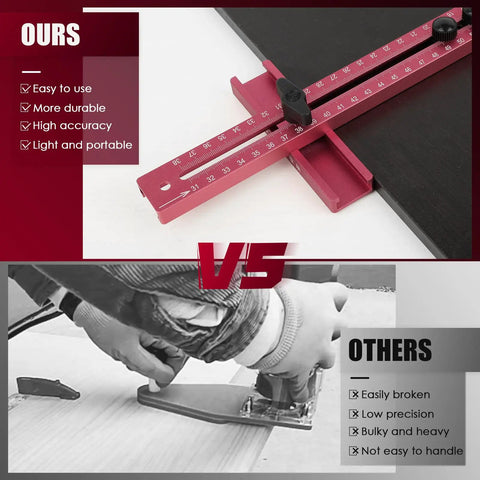 Durable Built Different 3 In 1 Aluminum Alloy Router Flip Base Milling Groove Bracket And Trimming Jig Templates For Off The Charts Woodworking Success comparison image showing a pink aluminum router guide for accurate trimming.