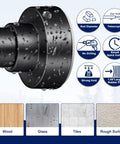 No Drill Tension Shower Curtain Rod 34 To 82 Inches, Non Slip And Rust Proof Stainless Steel, Easy Tool Free Install For Bathroom And Window, Matte Black Finish close-up with water droplets.